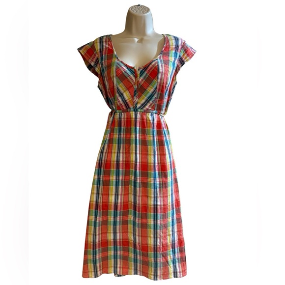 Eddie Bauer Dresses & Skirts - Eddie Bauer Tall 10 Madras Plaid Cotton Midi Dress Tie Waist Cap Sleeve.